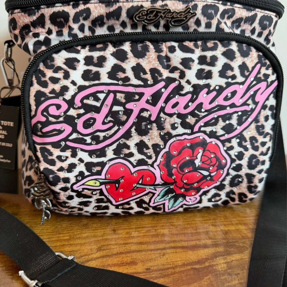 New Ed Hardy Cooler Lunch Box Bag Crossbody Brown Leopard Rose Y2K Retro
